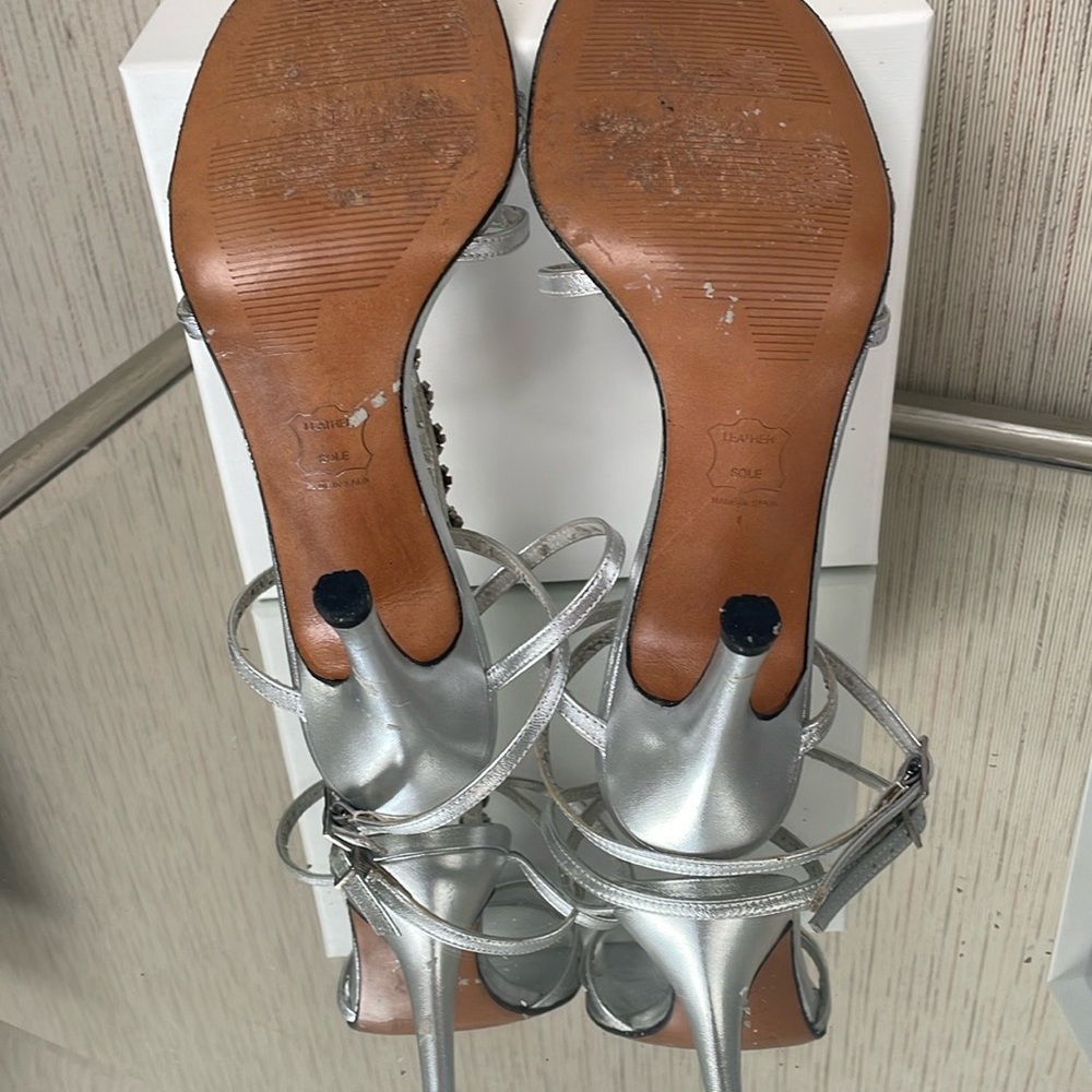 Stuart Weitzman Silver Heeled Sandals with Crystal Embellishments - Picture 5 of 5
